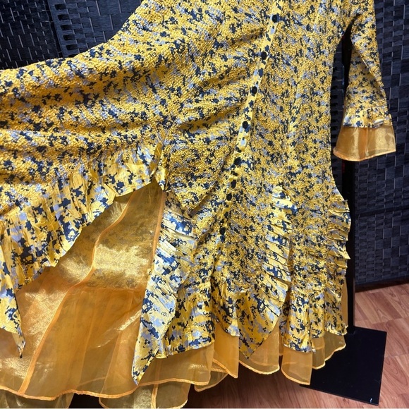 Jenny T golden yellow navy blue frilly Aline dress ruched pleats 1X - Picture 3 of 12